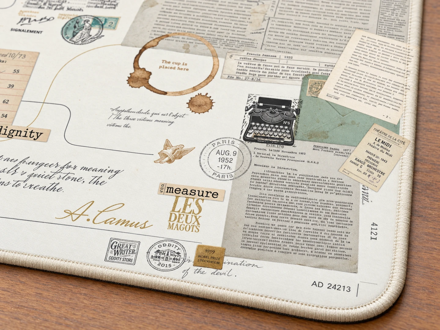 Camus: The Breath of Existence Desk Mat — Edge stitching
